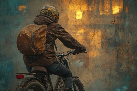 A man is riding a motorcycle with a backpack on. The backpack is brown and he is wet. The man is wearing a jacket and jeans. The image has a moody and adventurous feel to it