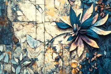 A blue flower is painted on a wall with a brown background. The flower is surrounded by leaves and has a yellow stem