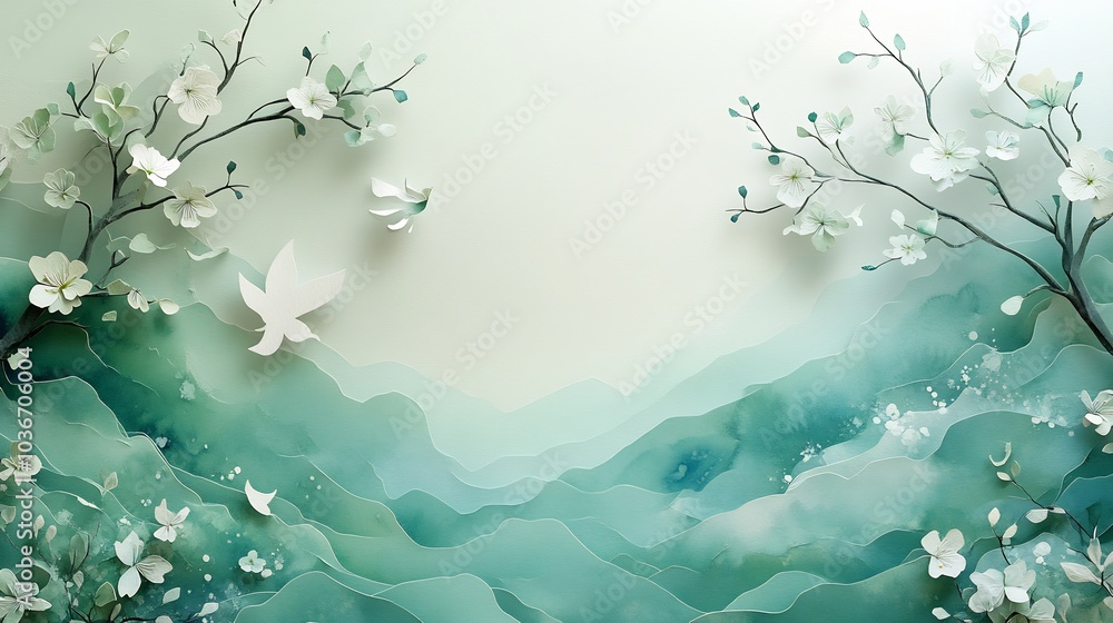 Poster serene empty papercut nature icon featured within a soft paper frame surrounded by gentle watercolor