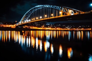 Fototapeta premium Illuminated Bridge Reflecting in the Water at Night