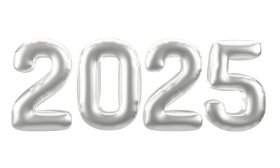 Happy New Year 2025 metallic Silver foil balloons. 3D render Platinum Helium balloons 2025.
