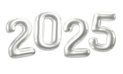 Happy New Year 2025 metallic Silver foil balloons. 3D render Platinum Helium balloons 2025.
