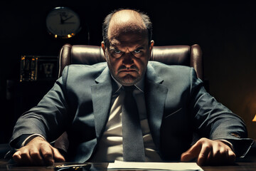 A man in a suit and tie sits at a desk with a clock behind him. He looks angry and is staring at the camera