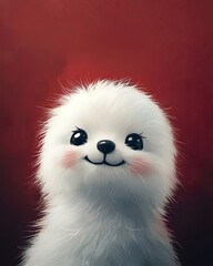 Obraz premium Adorable white fluffy seal-like creature with big eyes and a cheerful expression against a vivid red background, radiating cuteness and joy.