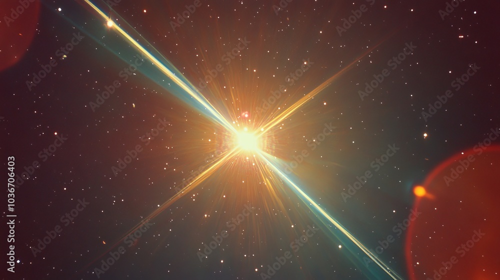 Poster distant star partially eclipsed by a celestial object with diagonal glare and subtle lens flare, set