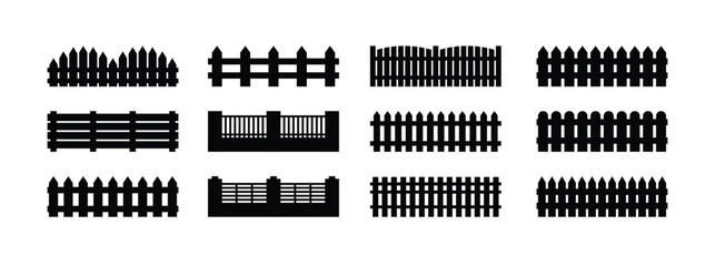 Fence template element Icon Set Isolated. Silhouette Black Barrier for Protection Garden, House and Farm. Different Types Fences