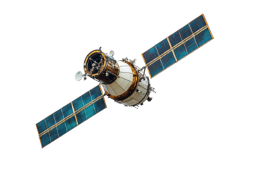 A Captivating Satellite Orbiting a Planet, Perfect for Space-Themed Projects and Educational Material Depicting Space Exploration