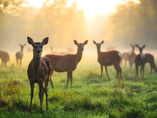 Naklejka premium Herd of alert deer grazing in misty meadow at dawn in serene natural environment