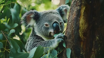 Fototapeta premium Peaceful Koala Bear Chewing Eucalyptus Leaves in Tranquil Tree Setting