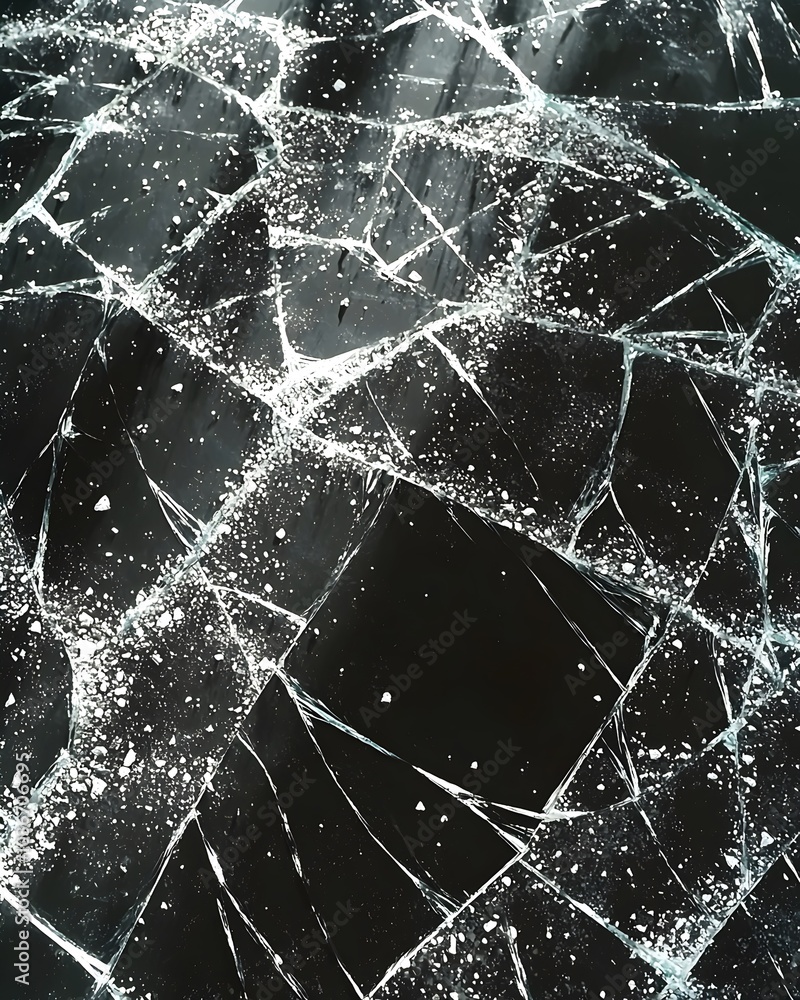 Poster a striking close-up of fractured ice, showcasing intricate patterns and crystal-like shards on a dar