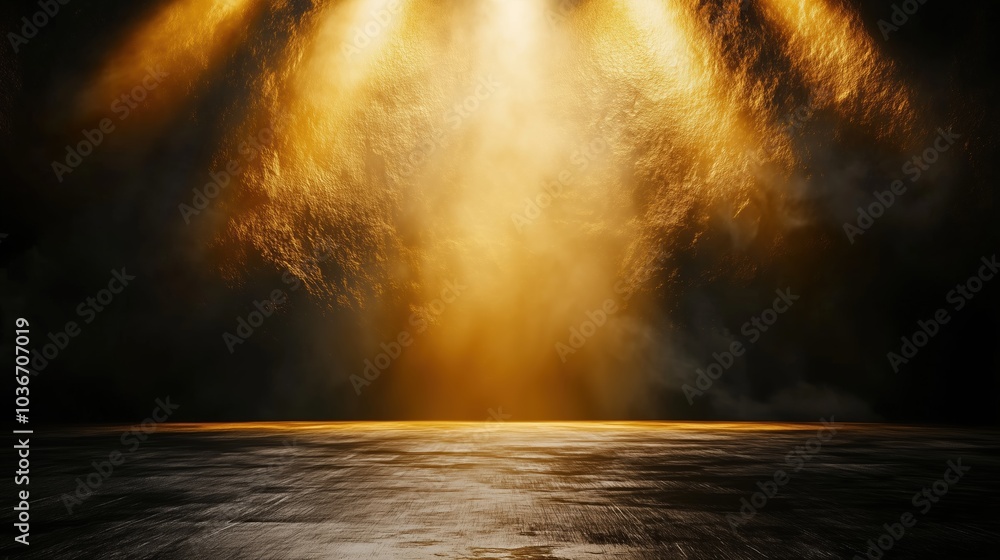 Poster Abstract background featuring golden light rays on a dark, textured wall with an illuminated floor and a central spotlight, creating a dramatic atmosphere and offering a minimalistic, empty scene idea