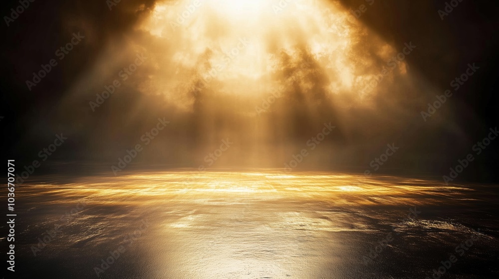 Poster Abstract background featuring golden light rays on a dark, textured wall with an illuminated floor and a central spotlight, creating a dramatic atmosphere and offering a minimalistic, empty scene idea