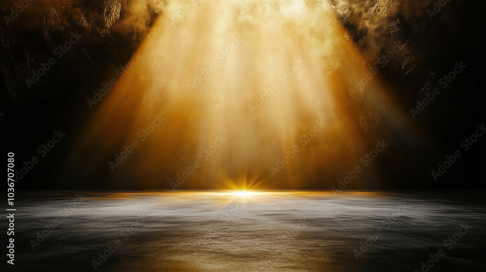 Poster Abstract background featuring golden light rays on a dark, textured wall with an illuminated floor and a central spotlight, creating a dramatic atmosphere and offering a minimalistic, empty scene idea