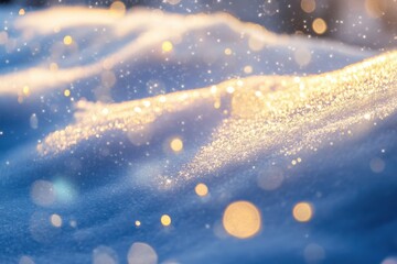 Fototapeta premium Delicate snow textures shimmer with warm light, creating a magical winter atmosphere in a tranquil, snowy environment. Generative AI
