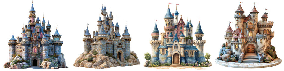 Fototapeta premium Storybook castle - Imaginative representation of a castle found in children's stories Isolated on Clear White Background Highly Detailed 
