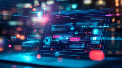 A laptop displaying complex digital data analytics in a vibrant urban environment at night showcasing technology and innovation
