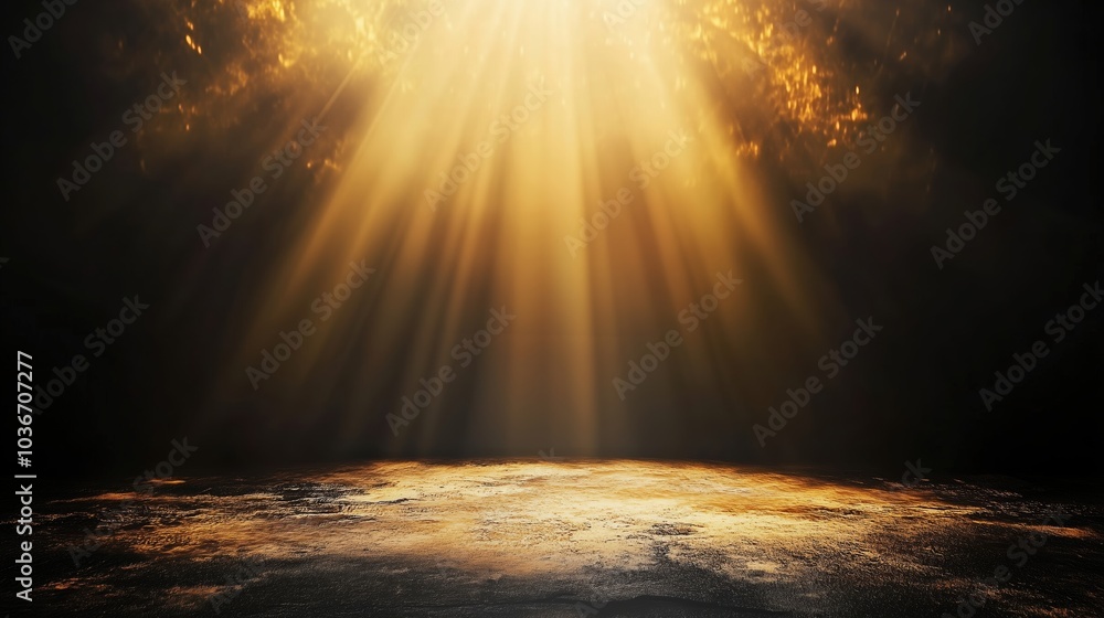 Poster Abstract background featuring golden light rays on a dark, textured wall with an illuminated floor and a central spotlight, creating a dramatic atmosphere and offering a minimalistic, empty scene idea