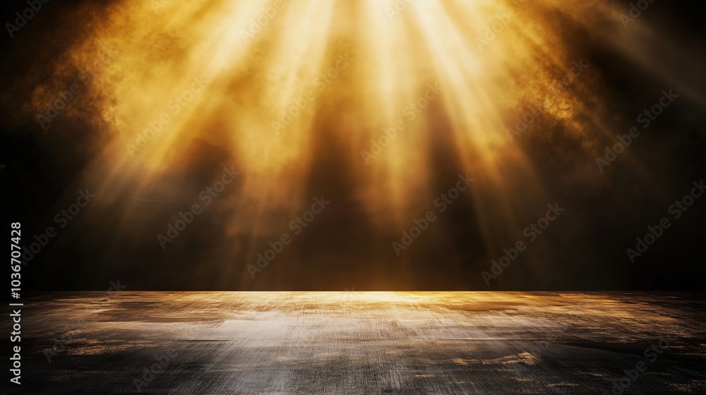 Poster Abstract background featuring golden light rays on a dark, textured wall with an illuminated floor and a central spotlight, creating a dramatic atmosphere and offering a minimalistic, empty scene idea