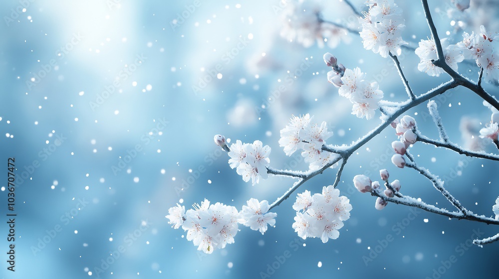 Poster serene scene of delicate spring blossom tree branches adorned with soft snowflakes falling gently ar