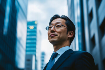 Fototapeta premium A man wearing a suit and glasses stands in front of a building. He is smiling and looking up at the sky