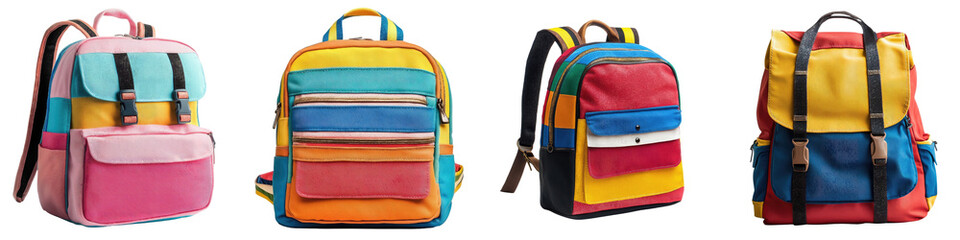 School backpack - Colorful bag used by children to carry school supplies Isolated on Clear White Background Highly Detailed