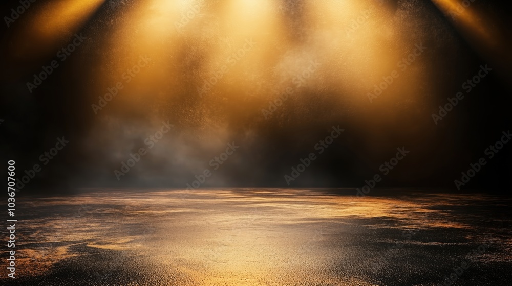 Poster Abstract background featuring golden light rays on a dark, textured wall with an illuminated floor and a central spotlight, creating a dramatic atmosphere and offering a minimalistic, empty scene idea