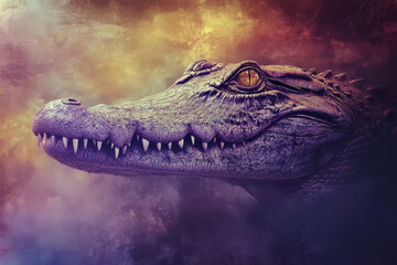 A close up of a crocodile's face with a purple background. The crocodile's eyes are yellow and it has a long snout