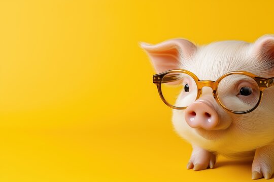 A clever little piglet wearing stylish glasses against a vibrant yellow backdrop. Generative AI