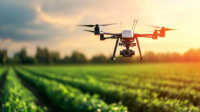 A high-tech AI-powered autonomous agricultural drone, clean farm landscape with advanced crop monitoring sensors and data collection tools, Agricultural style