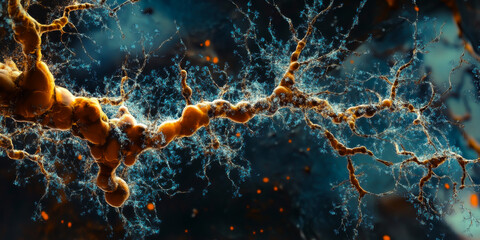 A branch of a tree with a bunch of small brown and blue dots. The image has a surreal and dreamy feel to it