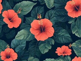 Vibrant Tropical Hibiscus Flower and Foliage Pattern Against Dark Navy Blue Background