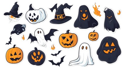 A colorful collection of Halloween-themed illustrations, featuring ghosts, pumpkins, bats, and iconic witch hats, perfect for festive decorations.