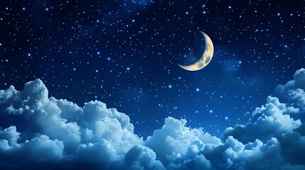Naklejka premium Night Sky with Crescent Moon and Stars Above Clouds