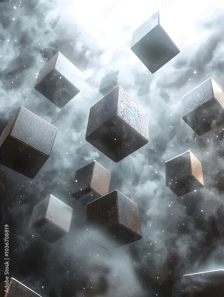 Poster a dynamic scene featuring floating metallic cubes illuminated by a bright light, creating a mystical