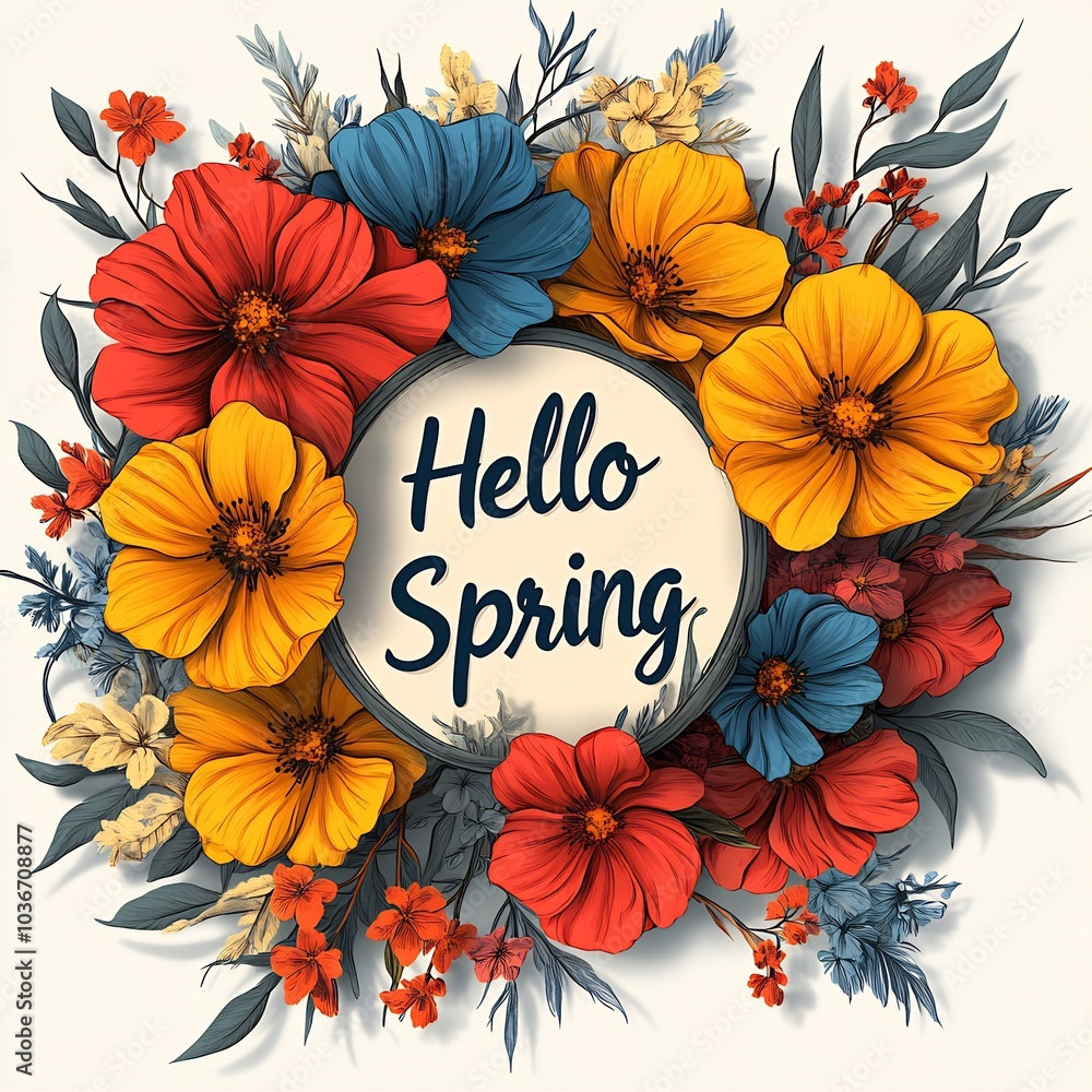 Poster sleek minimalistic background with a central round frame made of a variety of colorful spring flower