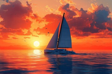 Fototapeta premium Sea and sailboat at sunset