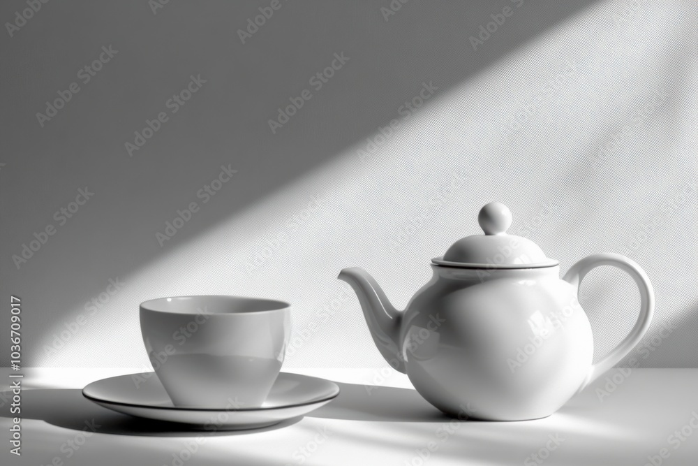 Aufkleber a white tea kettle rests next to a matching cup and saucer, illuminated by soft light in a tranquil 