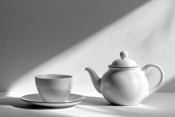 A white tea kettle rests next to a matching cup and saucer, illuminated by soft light in a tranquil atmosphere. Generative AI