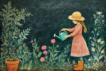 A girl is watering plants in a garden. The plants are pink and green. The girl is wearing a red dress and a straw hat