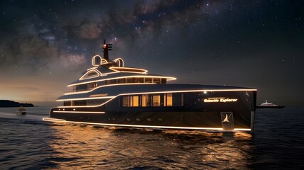 Obraz premium A photo of a futuristic luxury yacht with glowing neon lights slicing through the dark waters of the ocean at night. 
