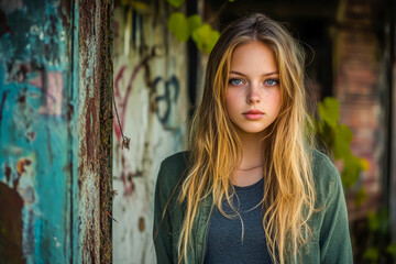 Fototapeta premium A young woman with long blonde hair stands in front of a wall covered in graffiti. She is wearing a green jacket and a black shirt. Scene is somewhat edgy and rebellious