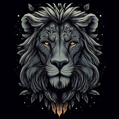 Obraz premium A detailed illustration of a lion's face with intricate details, set against a dark background.