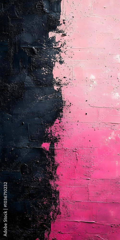 Poster a striking abstract painting featuring a bold transition from deep black to vibrant pink, creating a