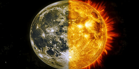 A close up of a sun and moon with the sun being yellow and the moon being black. The sun is on the right side of the moon, creating a striking contrast between the two celestial bodies