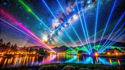 Obraz premium Futuristic Landscape with Laser Lights and Holographic Displays Over Sleek Metallic Structures at Night