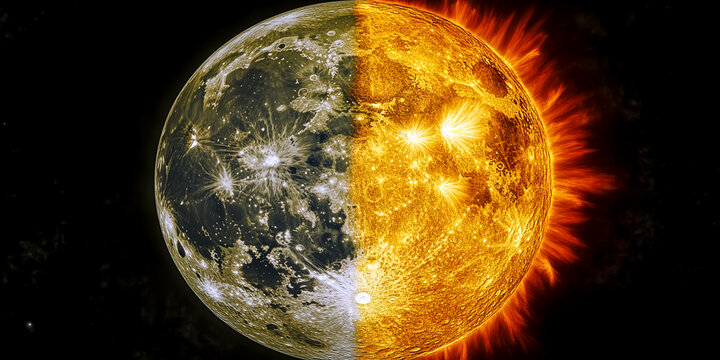 A close up of a sun and moon with the sun being yellow and the moon being black. The sun is on the right side of the moon, creating a striking contrast between the two celestial bodies