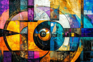 A colorful abstract painting of a circle with a black eye in the center. The painting is full of vibrant colors and has a sense of movement and energy