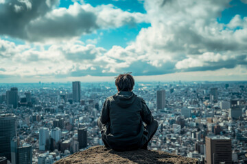 A man is sitting on a hill overlooking a city. The sky is cloudy, but the city below is bustling with activity. The man is lost in thought, taking in the view of the city below