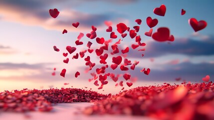Valentine's Day rose petals falling from the sky: 3D-rendered scene of red rose petals gently falling from a pastel sky and landing on a heart-shaped path