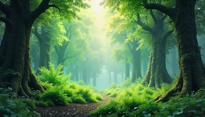 Fototapeta premium Enchanted forest path with ethereal sunbeams and lush verdant greenery
